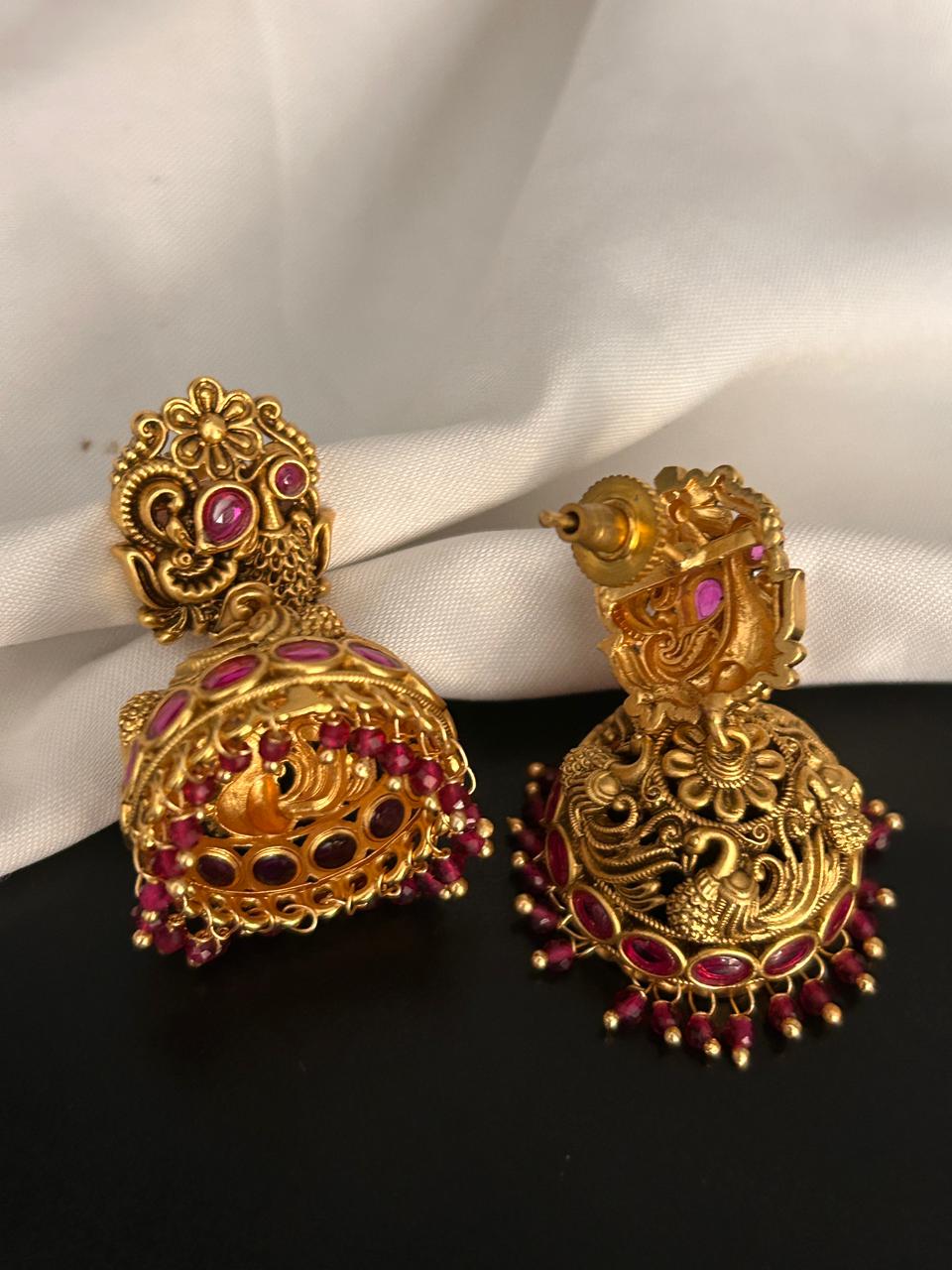 Antique Ruby Stone Peacock Jhumka Earrings